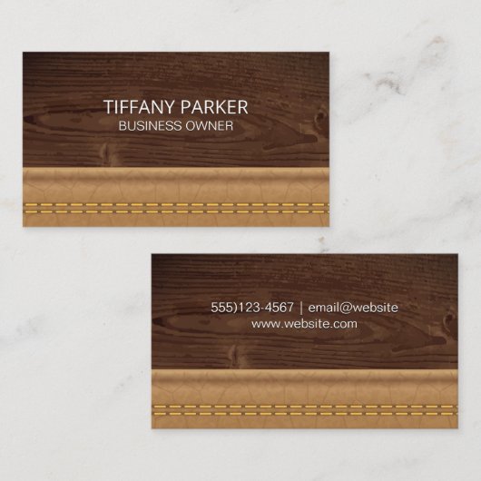 houtnerf | Dubbel gestikt bruin leer Visitekaartje (Voorkant / Achterkant)