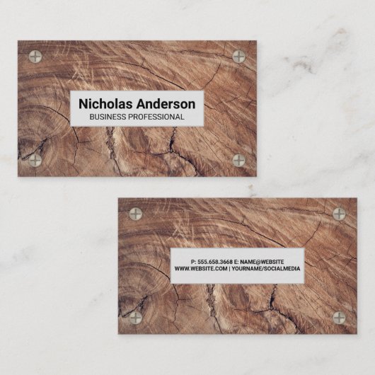 Houtnerf en metaalschroeven visitekaartje (Voorkant / Achterkant)