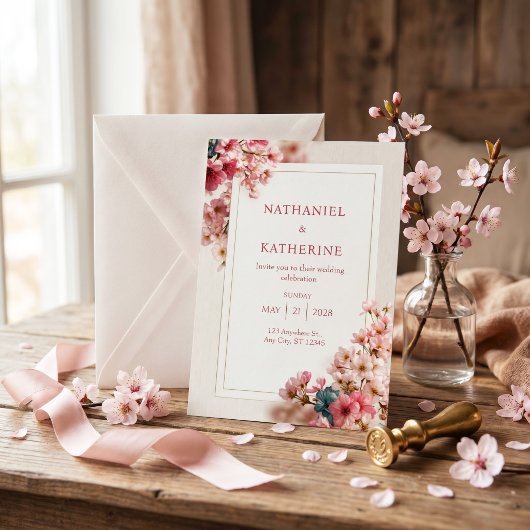 Houtnerf Romantisch Roze Sakura Lijst Bruiloft Kaart