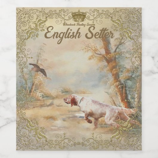 Houtpik Jacht met Engelse Setter in bos, Ar Wijn Etiket (Enkel label)
