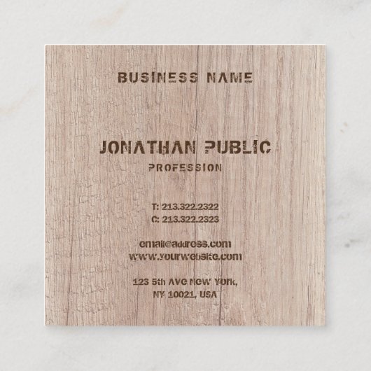 Houtplank ziet er vervormde tekst elegant uit vierkante visitekaartje (Achterkant)
