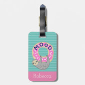 Houtsklok en roze ingeprinte donut bagagelabel (Achterkant verticaal)