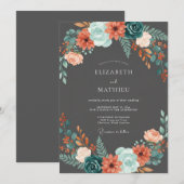 Houtskool Aqua Wilde Bloemen Bruiloft Kaart (Voorkant / Achterkant)