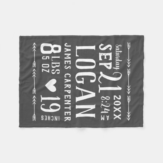 Houtskool Baby Boy Geboortestatistieken Keepsake Fleece Deken (Voorkant (Horizontaal))