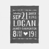 Houtskool Baby Boy Geboortestatistieken Keepsake Fleece Deken (Voorkant)