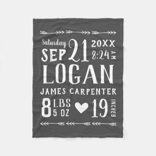 Houtskool Baby Boy Geboortestatistieken Keepsake Fleece Deken (Voorkant)
