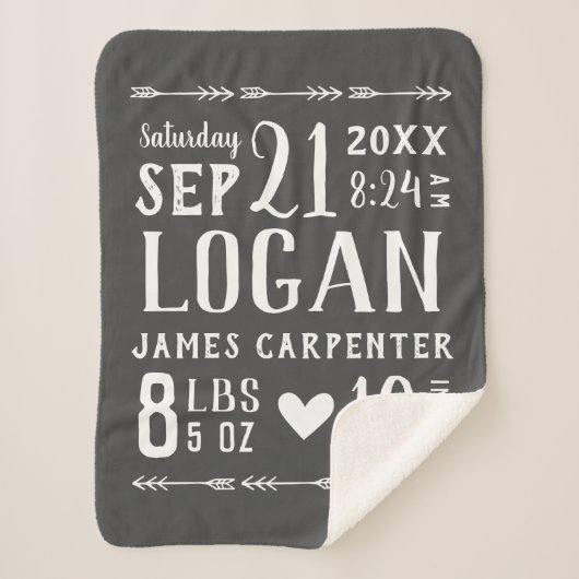 Houtskool Baby Boy Geboortestatistieken Keepsake Sherpa Deken (Voorkant)