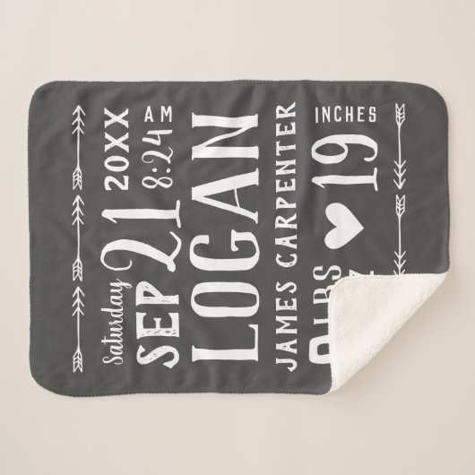 Houtskool Baby Boy Geboortestatistieken Keepsake Sherpa Deken (Voorkant (horizontaal))