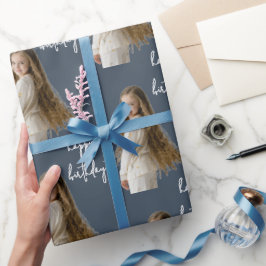Houtskool Blauw & Aangepaste Verjaardag tekst en f Cadeaupapier