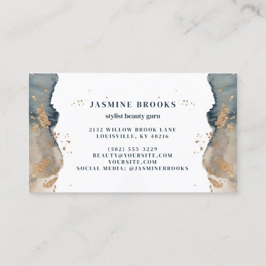 Houtskool Blauwgroen en Gouden Waterverf Visitekaartje (Achterkant)