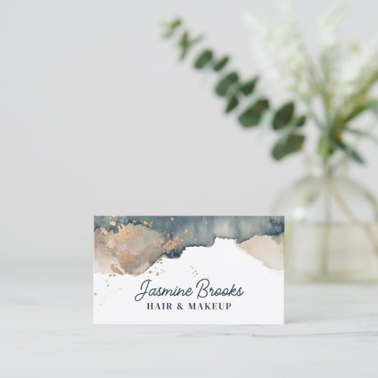 Houtskool Blauwgroen en Gouden Waterverf Visitekaartje (Staand voorkant)