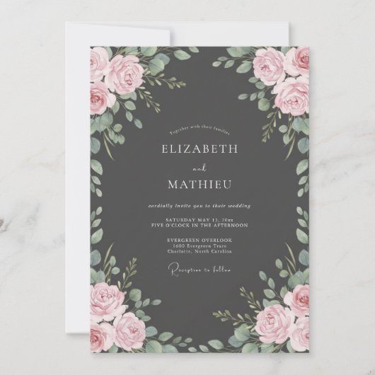Houtskool Blush Bloem Bruiloft Kaart (Voorkant)
