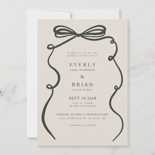 Houtskool Bow Lijst bruiloft Kaart (Voorkant)