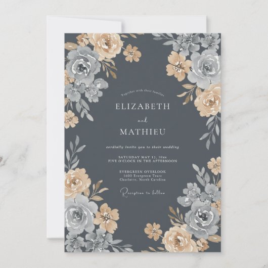 Houtskool Champagne Ranunculus Eucalyptus Bruiloft Kaart (Voorkant)