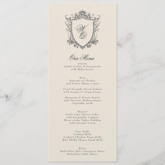 Houtskool Crest  Beige Classic Wedding Menu (Voorkant)