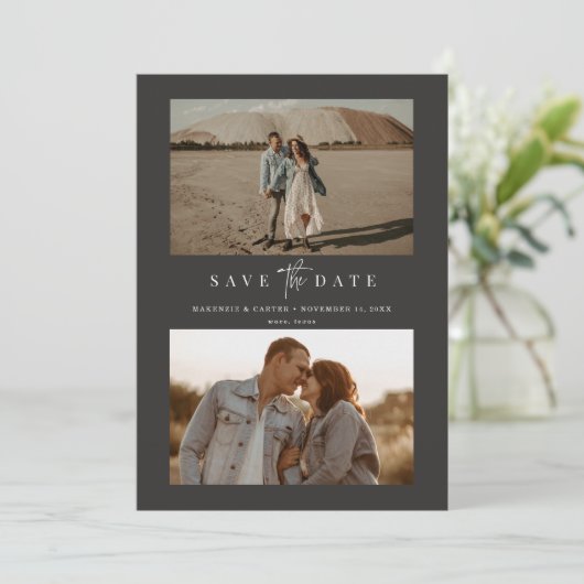 Houtskool Eenvoudig Modern Minimalistisch Drie Fot Save The Date (Staand voorkant)