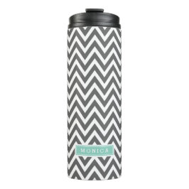 Houtskool en Aqua Chevron Monogram Thermosbeker