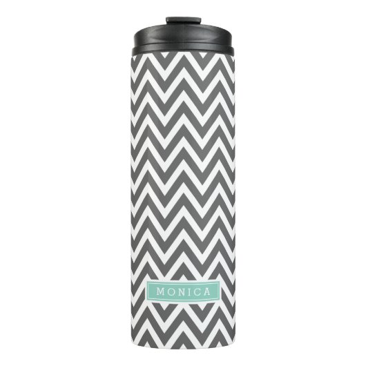 Houtskool en Aqua Chevron Monogram Thermosbeker (Voorkant)