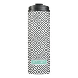 Houtskool en Aqua Griekse Sleutel Monogram Thermosbeker
