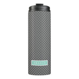 Houtskool en Aqua Kleine Stippen Monogram Thermosbeker