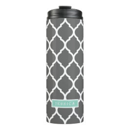 Houtskool en Aqua Marokkaans Quatrefoil Monogram Thermosbeker