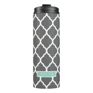 Houtskool en Aqua Marokkaans Quatrefoil Monogram Thermosbeker