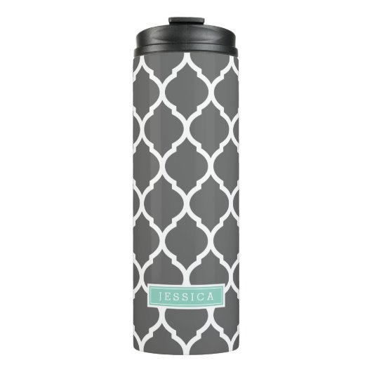 Houtskool en Aqua Marokkaans Quatrefoil Monogram Thermosbeker (Voorkant)