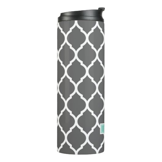 Houtskool en Aqua Marokkaans Quatrefoil Monogram Thermosbeker (Gedraaid links)