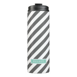 Houtskool en Aqua Preppy Stripes Monogram Thermosbeker