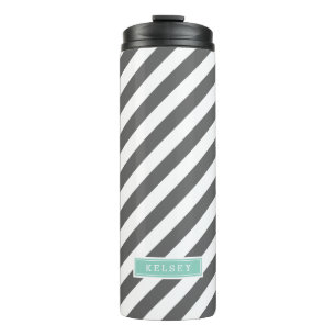 Houtskool en Aqua Preppy Stripes Monogram Thermosbeker