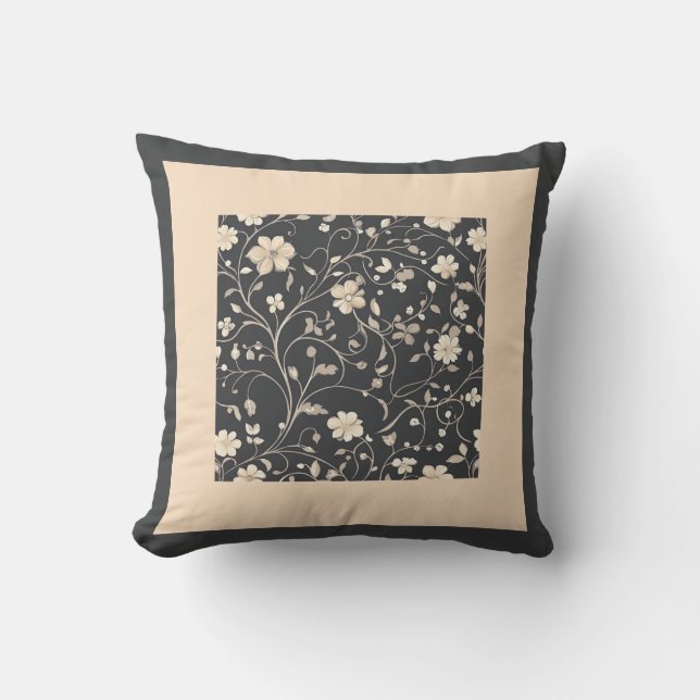 Houtskool en beige bloemmotief kussen (Voorkant)