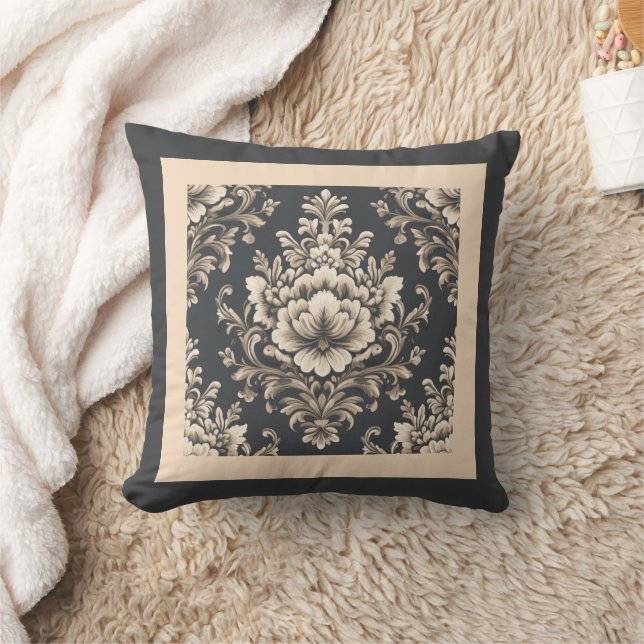Houtskool en beige bloemmotief kussen (Deken)