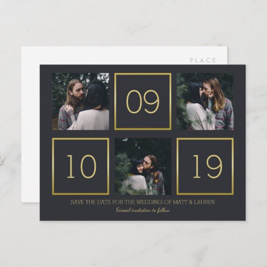Houtskool en goud | Fotocollage De datum opslaan Aankondigingskaart (Voorkant / Achterkant)