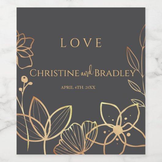 Houtskool en gouden bruiloft wijn etiket (Enkel label)