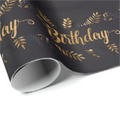 Houtskool en goudkleurig botanisch verjaardagsontw cadeaupapier (Rol Hoek)