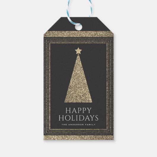 Houtskool en koper goud glitter kerstboom cadeaulabel (Voorkant)