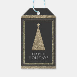 Houtskool en koper goud glitter kerstboom cadeaulabel