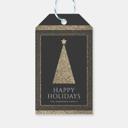 Houtskool en koper goud glitter kerstboom cadeaulabel (Achterkant)