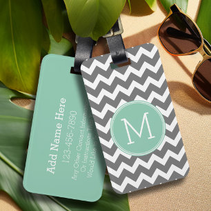Houtskool en mintgroene chevrons aangepast monogra bagagelabel