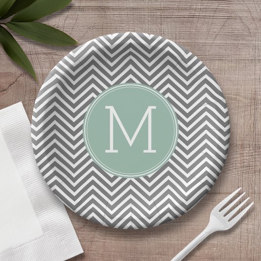Houtskool en Mintgroene Chevrons Monogram Papieren Bordje