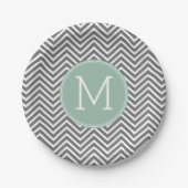 Houtskool en Mintgroene Chevrons Monogram Papieren Bordje (Voorkant)