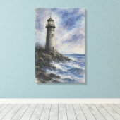 Houtskool en Waterverf vuurtoren op Rocky Coast Canvas Afdruk (Insitu (Houten vloer))