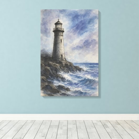 Houtskool en Waterverf vuurtoren op Rocky Coast Canvas Afdruk (Insitu (Houten vloer))