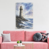 Houtskool en Waterverf vuurtoren op Rocky Coast Canvas Afdruk (Insitu (Woonkamer))