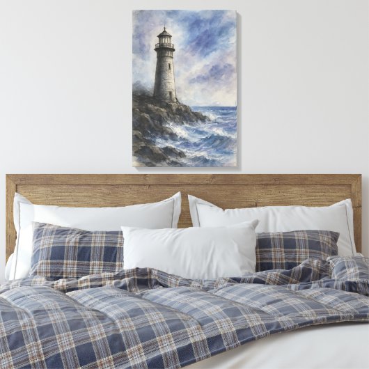 Houtskool en Waterverf vuurtoren op Rocky Coast Canvas Afdruk (Insitu (Slaapkamer))