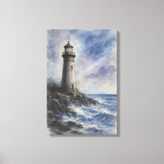 Houtskool en Waterverf vuurtoren op Rocky Coast Canvas Afdruk