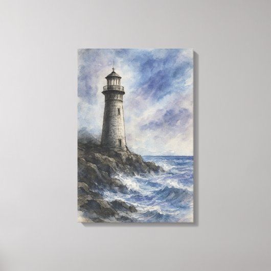 Houtskool en Waterverf vuurtoren op Rocky Coast Canvas Afdruk (Voorkant)