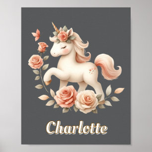Houtskool fantasierijke pastel eenhoorn met rozen poster