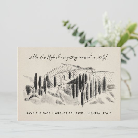 Houtskool geschetste Italiaanse wijnmakerij Save t Save The Date (Staand voorkant)