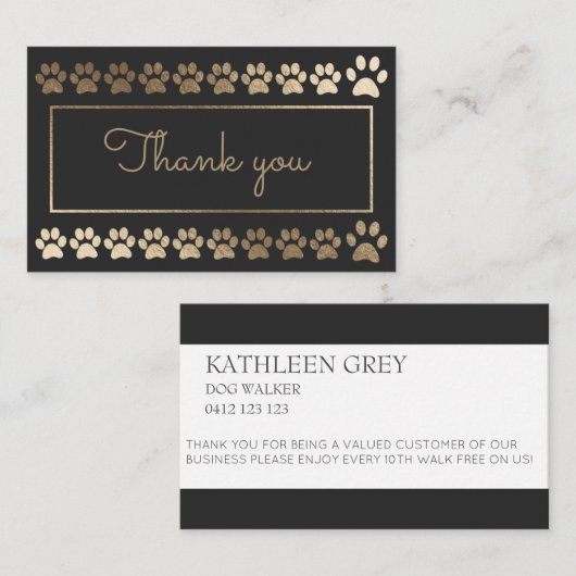 Houtskool Gold Paw Print Dog Walker Loyalty Kaart Visitekaartje (Voorkant / Achterkant)